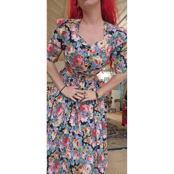 VTG 1980s RGY Black Colorful Cabbage Rose Basque Waist Princess Cotton Sundress - Picture 7 of 11